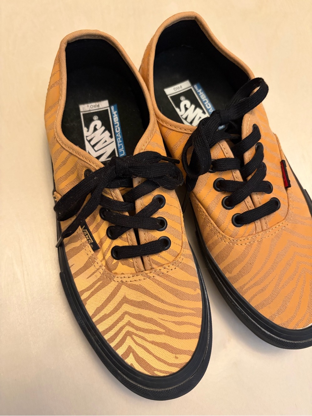 Vans Orange Tiger-Print Canvas Sneakers with Black Midsole, Unisex size 7.5M/9W
